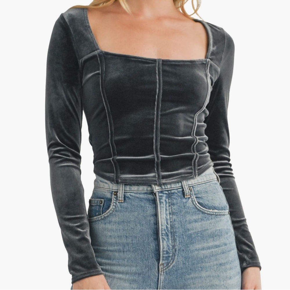 Lush Velvet Long Sleeve Top, Gray, Sz Large